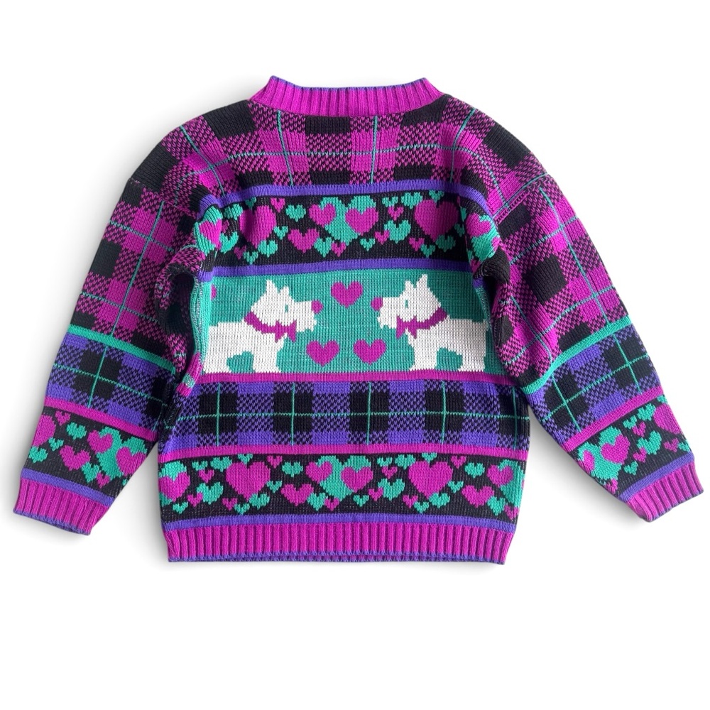 Vintage 80s Purple Green Scottie Dog Knit Sweater Hearts Plaid Girls 10-12 - Picture 5 of 11